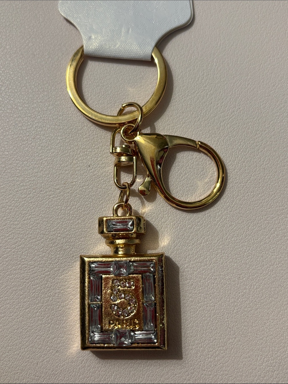 Gold Perfume Bottle Keychain Charm with Clear Rhinestones